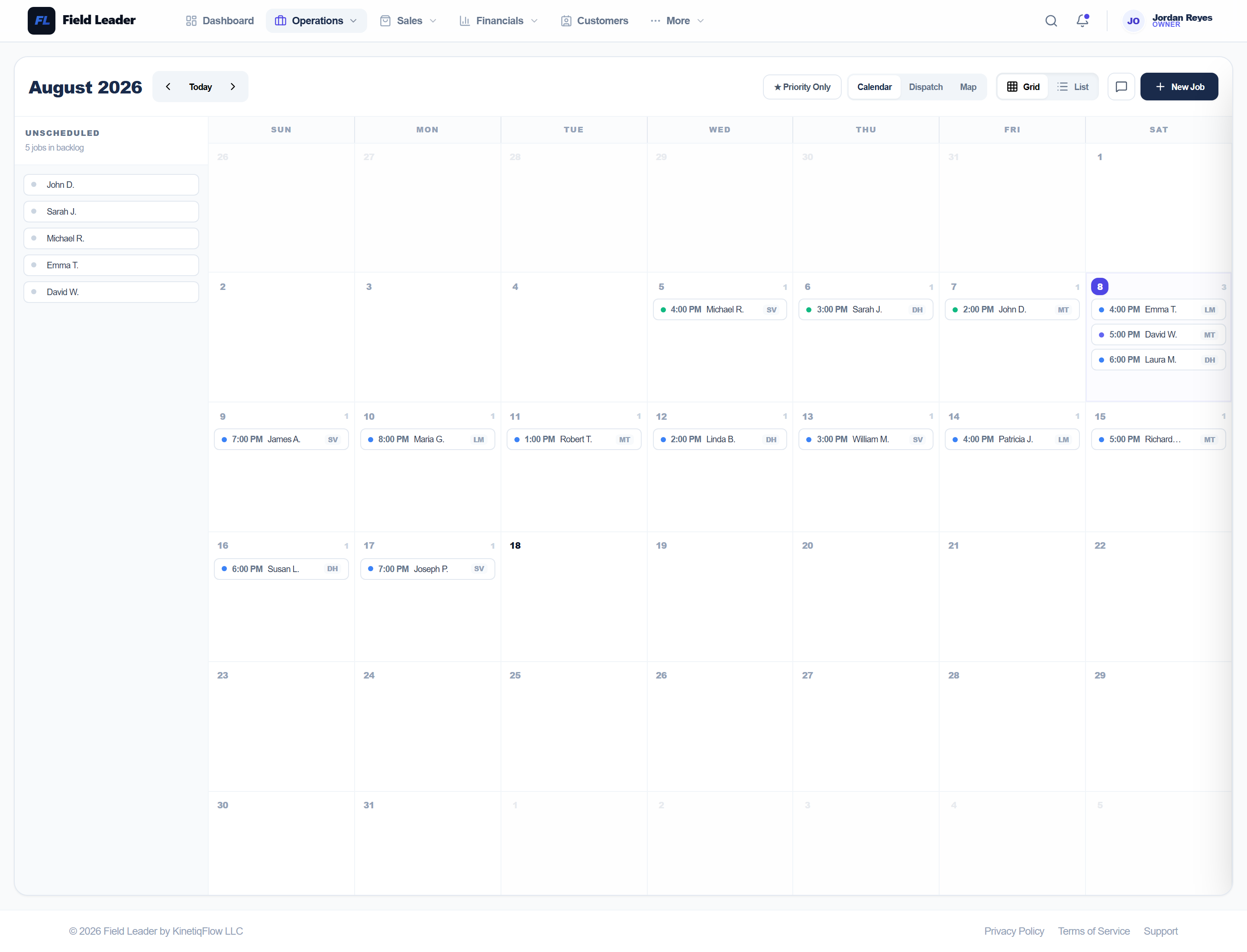Dispatch calendar with scheduled jobs
