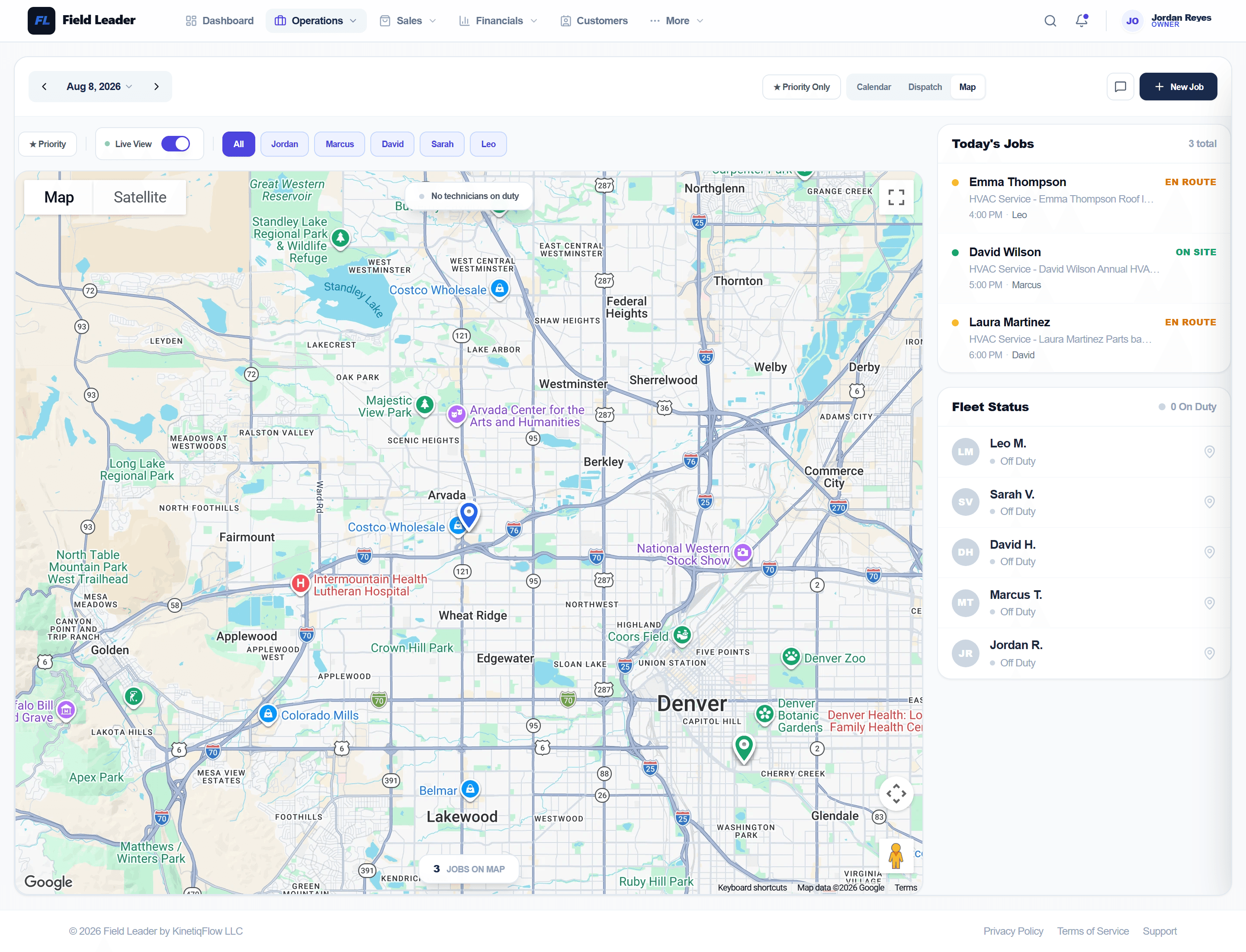 Live dispatch map showing technician locations